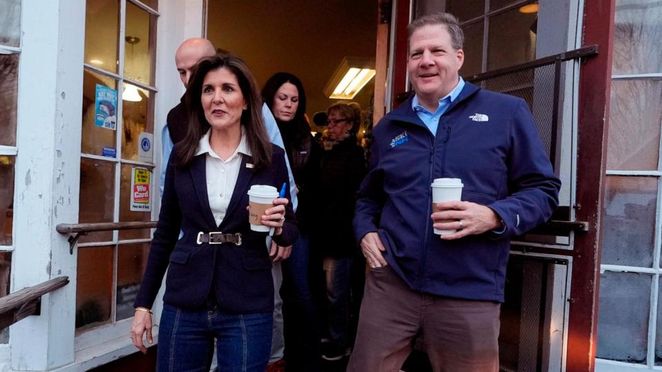 PHOTO: Republican presidential candidate former UN Ambassador Nikki Haley leaves the Newfields Country Store after stopping for a cup of coffee with N.H. Gov. Chris Sununu, during a campaign stop, Jan. 19, 2024, in Newfields, N.H.  (Charles Krupa/AP)