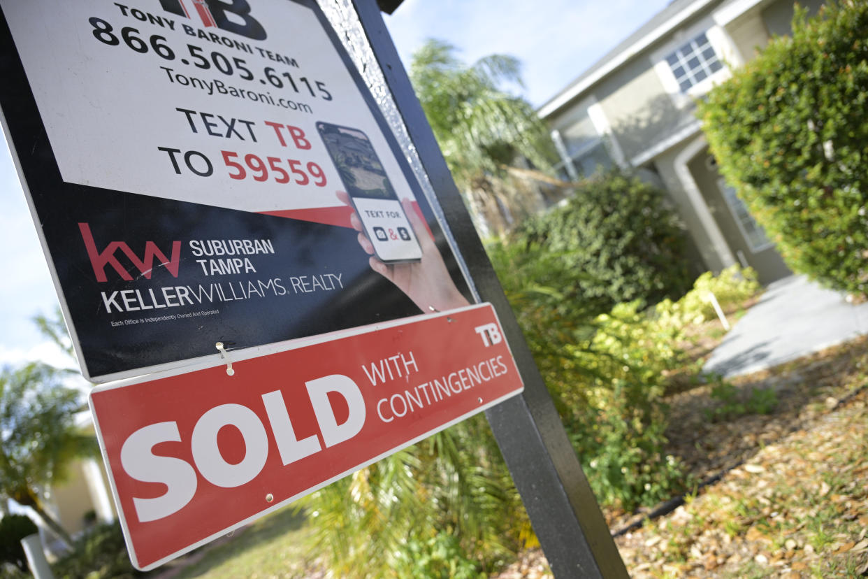 FILE - A real estate sign stands outside of a recently sold home on Feb. 21, 2023, in Valrico, Fla. Americans eager to buy a home this spring, beware: It’s slim pickings out there. The number of U.S. homes on the market is at near-historic lows, which could dim would-be buyers’ prospects for finding a house or condo and fuel competition for the most affordable properties, economists say. (AP Photo/Phelan M. Ebenhack, File)