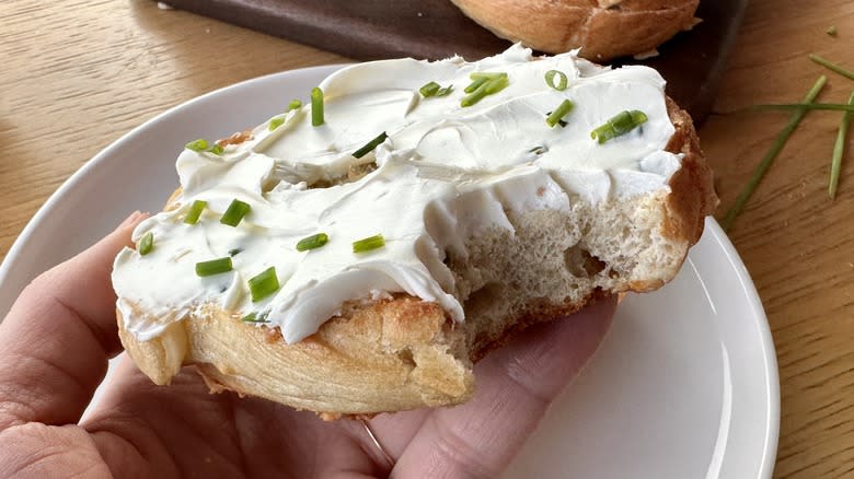 Asiago bagel with cream cheese topping