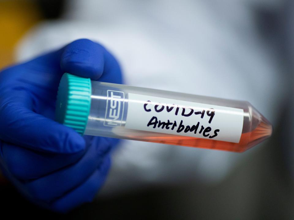 A tube with a solution containing COVID-19 antibodies.