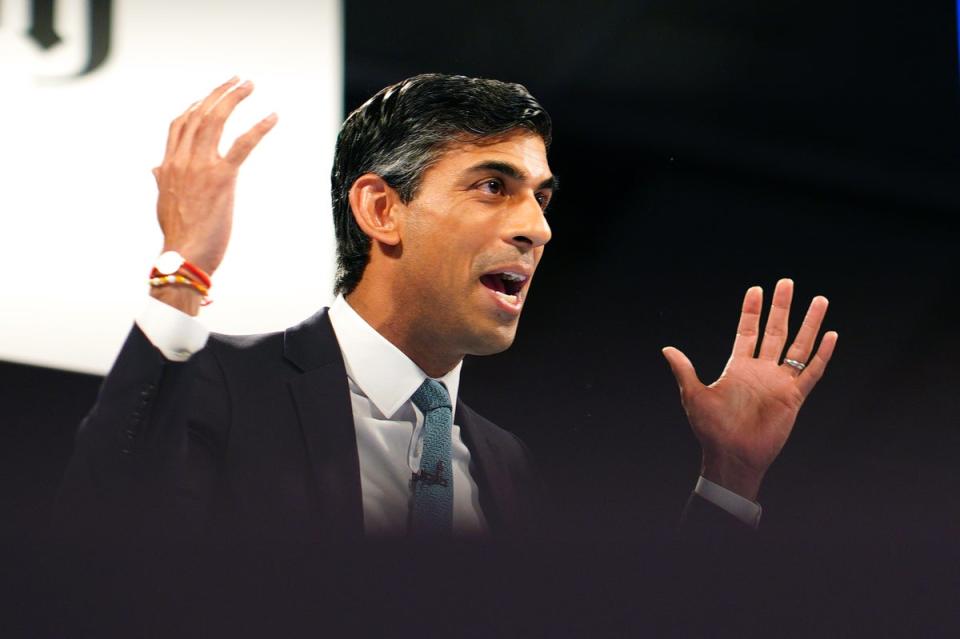 Rishi Sunak gestures during a hustings event in Cheltenham, as part of the campaign to be leader of the Conservative Party and the next prime minister. Picture date: Thursday August 11, 2022. (PA Wire)