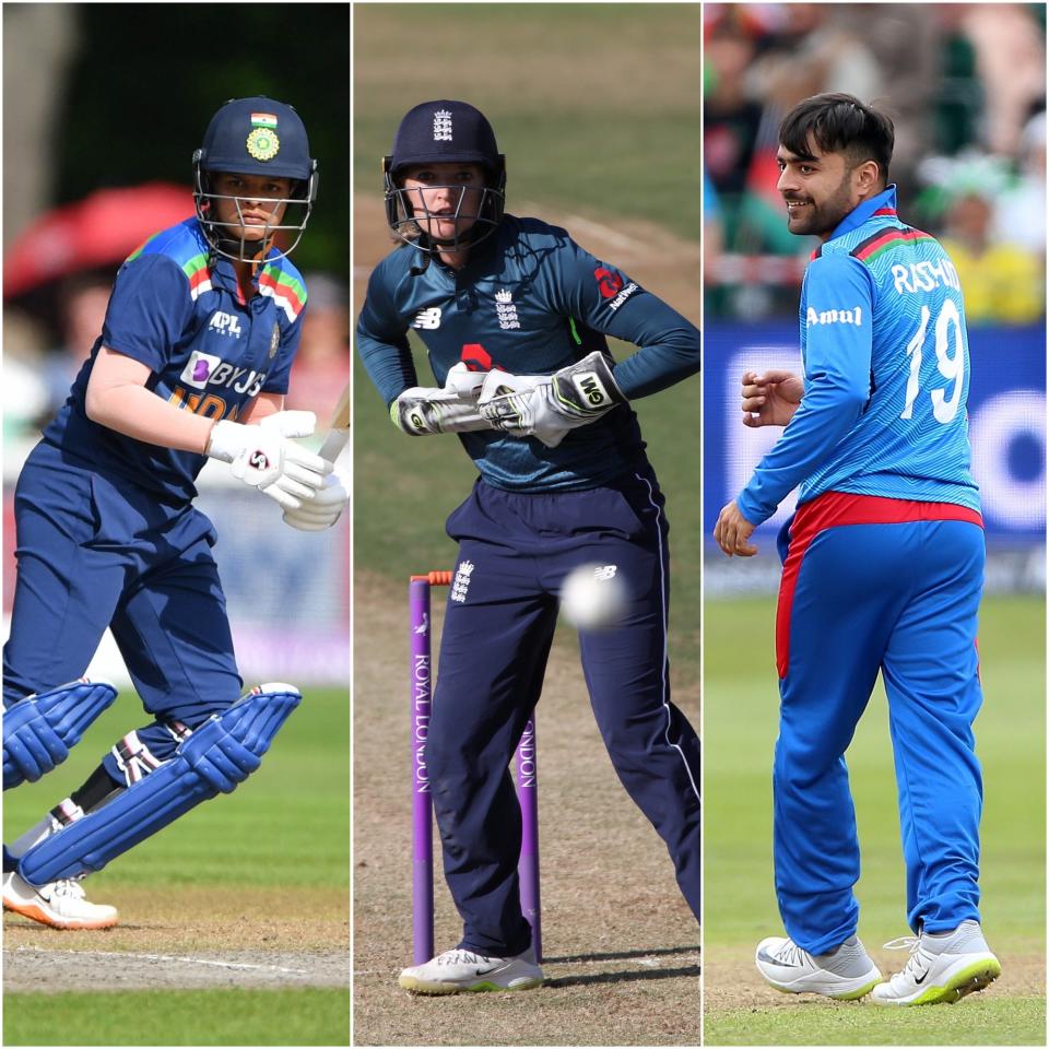 Shafali Verma, Sarah Taylor and Rashid Khan, l-r