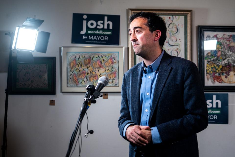 Des Moines mayoral candidate Josh Mandelbaum concedes during his watch party at Mars Cafe on Tuesday, November 7, 2023 in Des Moines.