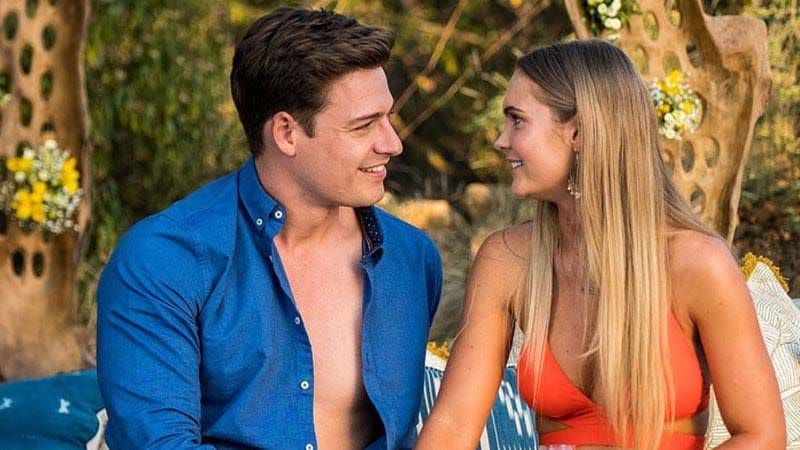 Matt Agnew and Chelsie McLeod look at each other in a scene from The Bachelor Australia 2019.