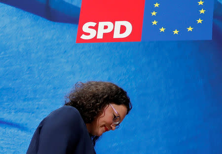 Andrea Nahles, leader of Germany's Social Democratic Party (SPD) leaves after a news conference following the European Parliament election results, in Berlin, Germany, May 27, 2019. REUTERS/Fabrizio Bensch