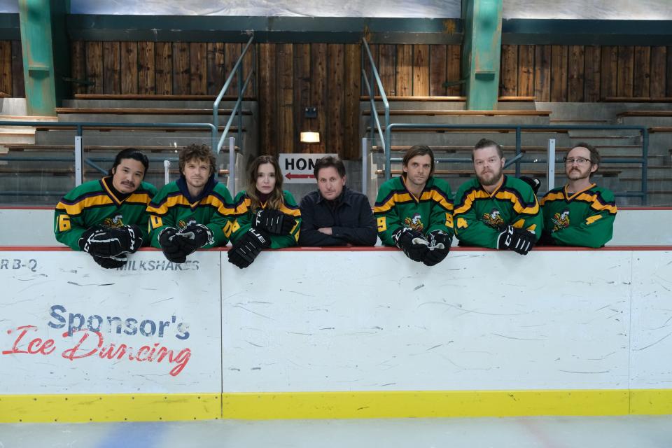 Coach Bombay's Ducks fly home for an episode of "The Mighty Ducks: Game Changers." From left, Justin Wong, Garette Henson, Marguerite Moreau, Emilio Estevez, Vincent LaRusso, Elden Henson and Matt Doherty.