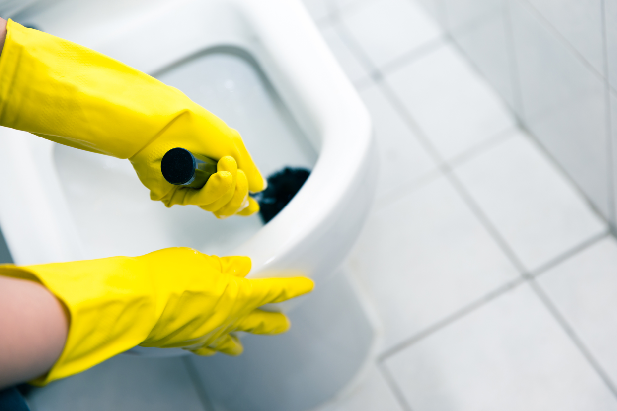 Cleaning the toilet with a toilet brush