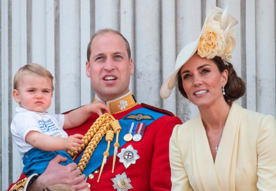 PHOTO: Prince William, Duke of Cambridge with Catherine, Duchess of Cambridge and Prince Louis of Cambridge during Trooping The Colour, the Queen's annual birthday parade, June 8, 2019, in London. (Mark Cuthbert/UK Press via Getty Images)