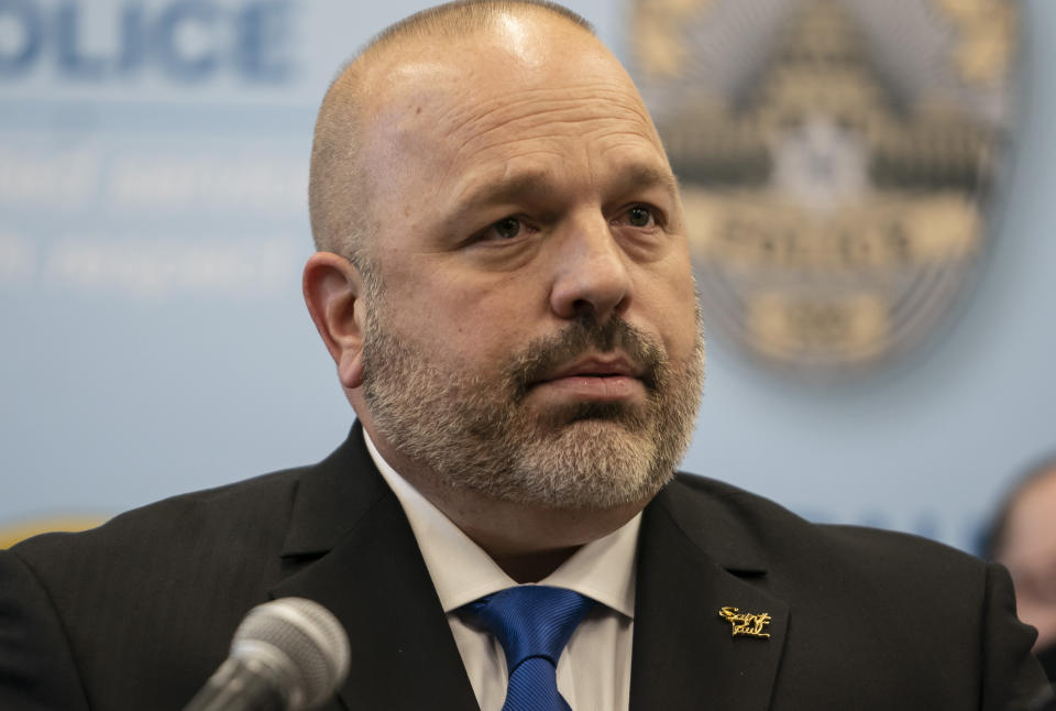 St. Paul Police Chief Todd Axtell looked visibly upset as he spoke at a press conference about a shooting by a police officer last weekend in St. Paul, Minn., on Tuesday, Dec. 1, 2020. (Renee Jones Schneider/Star Tribune via AP)