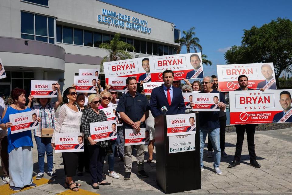 Hialeah City Council Member Bryan Calvo announces his candidacy for tax collector among supporters at Miami-Dade Elections Department headquarter on Tuesday, March 26, 2024, in Doral, Florida.