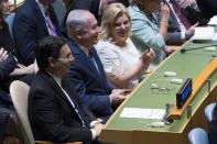 <p>Israeli Prime Minister Benjamin Netanyahu, center, his wife, Sara Netanyahu, and Ambassador to the United Nations Danny Danon listen as President Trump speaks during the 72nd session of the United Nations General Assembly at U.N. headquarters, Tuesday, Sept. 19, 2017. (Photo: Mary Altaffer/AP) </p>