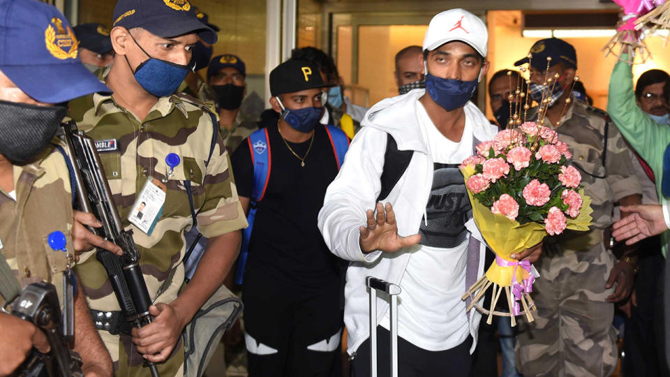 Indian batsman Ajinkya Rahane arrives at Mumbai Airport from Australia after the team's Border-Gavaskar trophy victory. (Photo by Satish Bate/Hindustan Times via Getty Images)