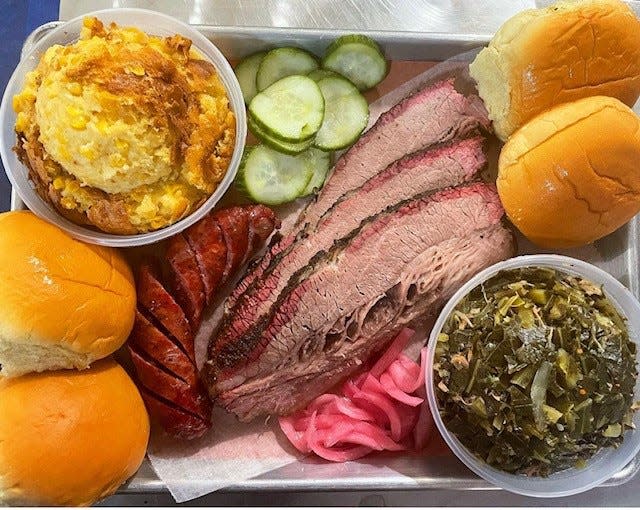 Mutiny's brisket, pickles, collard greens and cornbread casserole