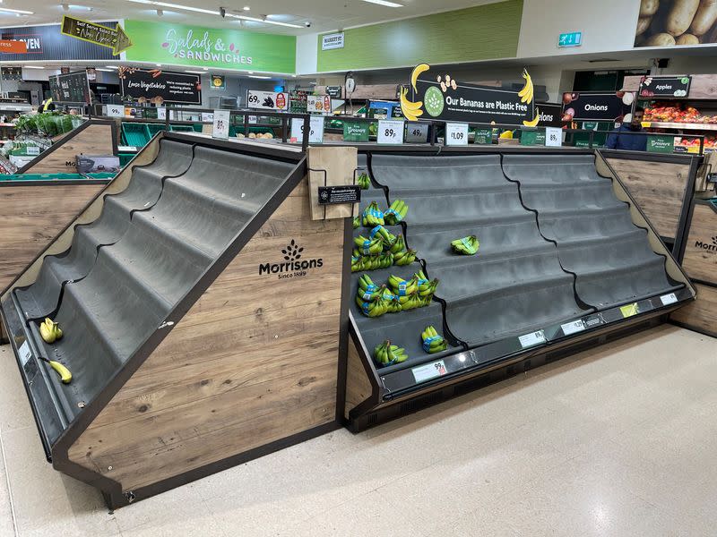 View of sparsely stocked shelves in Morrisons in Dover