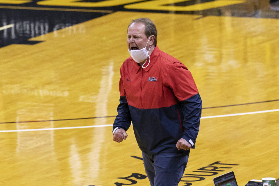 Mississippi coach Kermit Davis argues a call during the first half of the team's NCAA college basketball game against Missouri on Tuesday, Feb. 23, 2021, in Columbia, Mo. (AP Photo/L.G. Patterson)