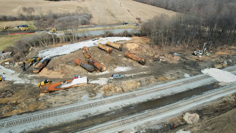 Site of the derailment of a train carrying hazardous waste, in East Palestine, Ohio