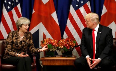 U.S. President Donald Trump meets with British Prime Minister Theresa May during the U.N. General Assembly in New York, U.S., September 20, 2017. REUTERS/Kevin Lamarque
