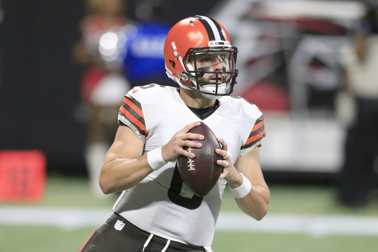 ATLANTA, GA - AUGUST 29: Quarterback Baker Mayfield #6 of the Cleveland Browns during the final preseason NFL game between the Cleveland Browns and the Atlanta Falcons on August 29, 2021 at the Mercedes-Benz Stadium in Atlanta, Georgia.  (Photo by David J. Griffin/Icon Sportswire via Getty Images)
