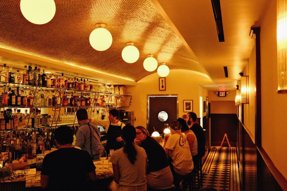 An interior photo of the bar and hallway of Bar Sinizki in Atwater Village.