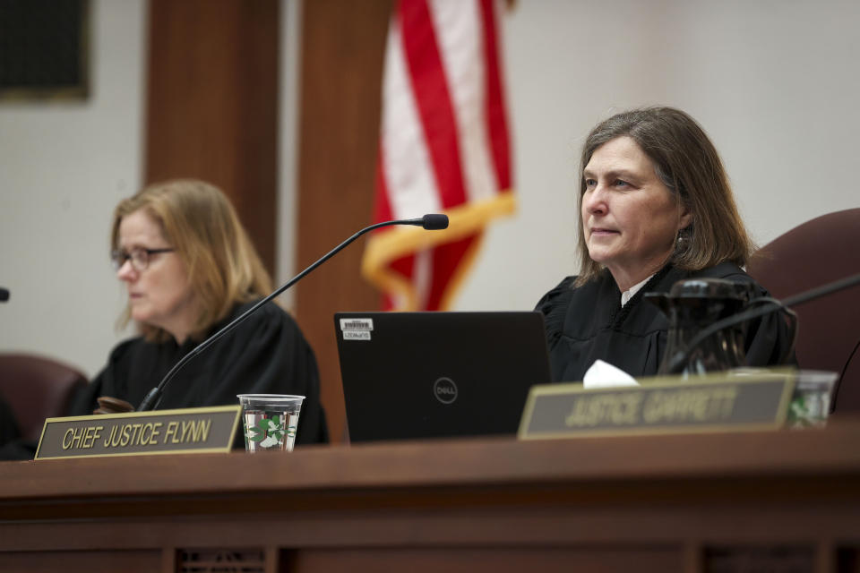 Chief Justice Meagan Flynn listens to the oral argument given by Attorney John DiLorenzo in front of the Oregon Supreme Court on Thursday, Dec. 14, 2023 in Salem, Ore. (Abigail Dollins/Statesman-Journal via AP, Pool)