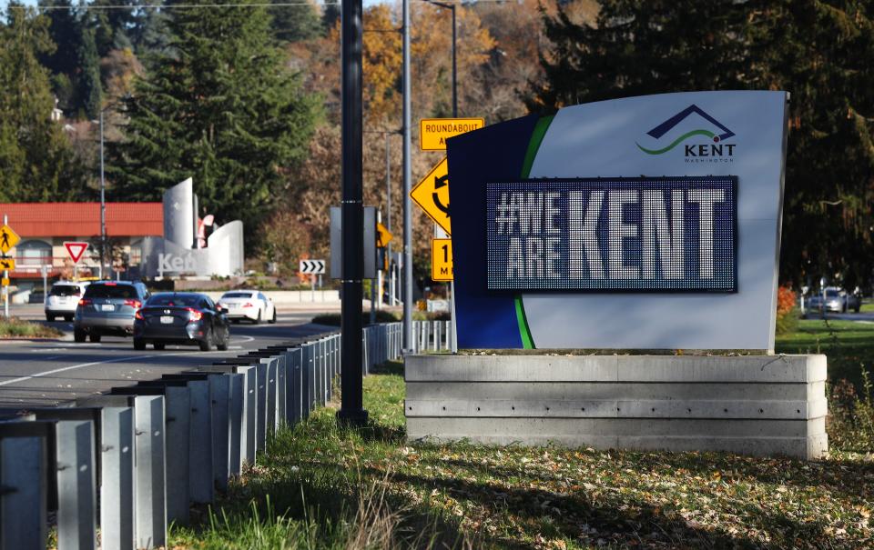 Traffic along Willis Street in Kent, Wash., on Nov. 16, 2023. A DEA task force investigated drug trafficking in the small town.