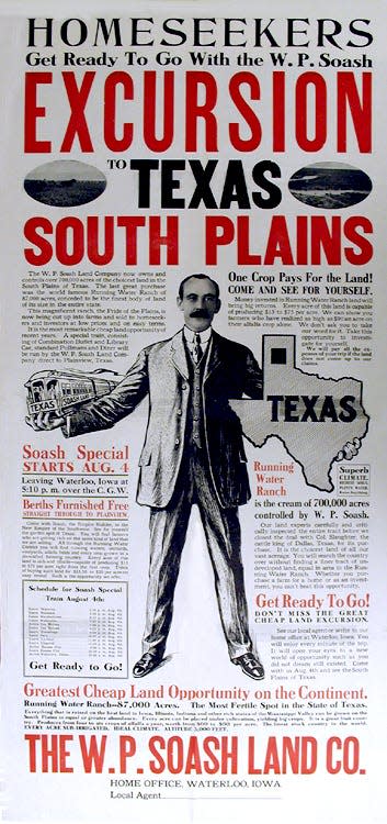 W. P. Soash relied on extensive and varied marketing for the success of his land development ventures.  He brought potential buyers to see the land on regularly scheduled excursion trains with Pullman cars for comfort.  For each of his developments he produced newspaper and magazine ads and elaborate brochures to entice settlement.