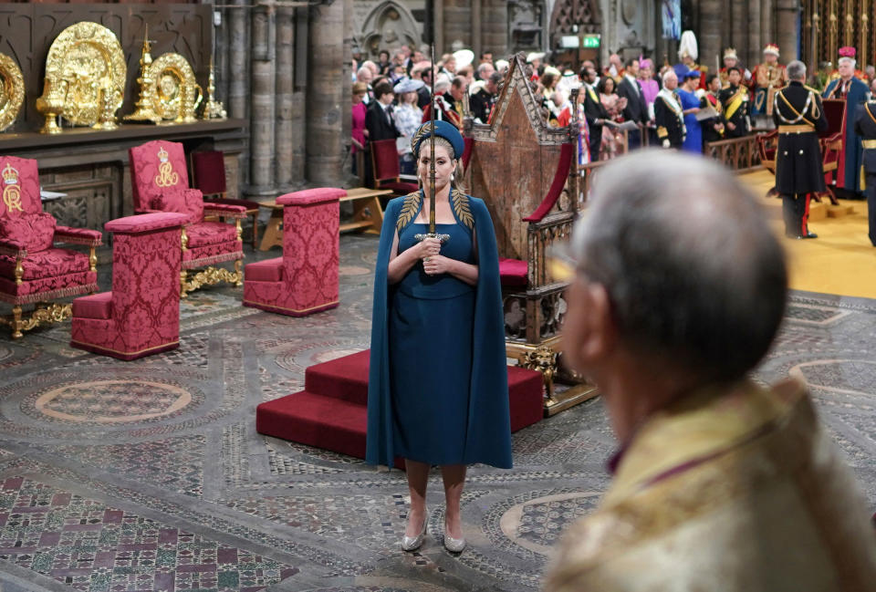 Penny Mordaunt holds the Swords of State at the coronation ceremony of King Charles III and Queen Camilla.<span class="copyright">PA Wire/AP</span>