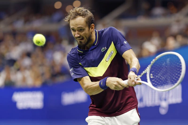 No. 4 Daniil Medvedev (pictured) of Russia will face No. 3 Jannik Sinner of Italy in a 2024 Miami Open men's singles semifinal Friday in Miami Gardens, Fla. File Photo by John Angelillo/UPI