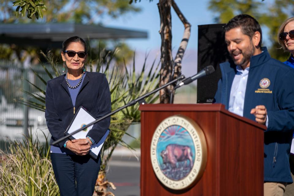 U.S. Interior Secretary Deb Haaland, left, listens as U.S. Rep. Raul Ruiz, D-Palm Desert speaks outside the Bureau of Land Management office in Palm Springs, Calif., on December 11, 2021.