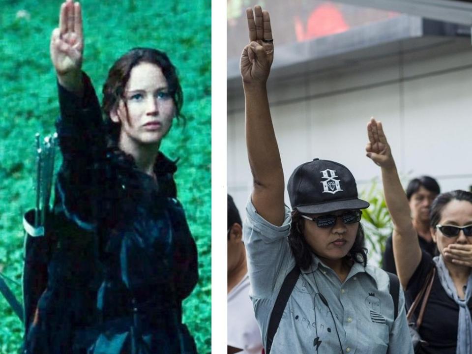A sinistra una scena del film, a destra la protesta in Thailandia