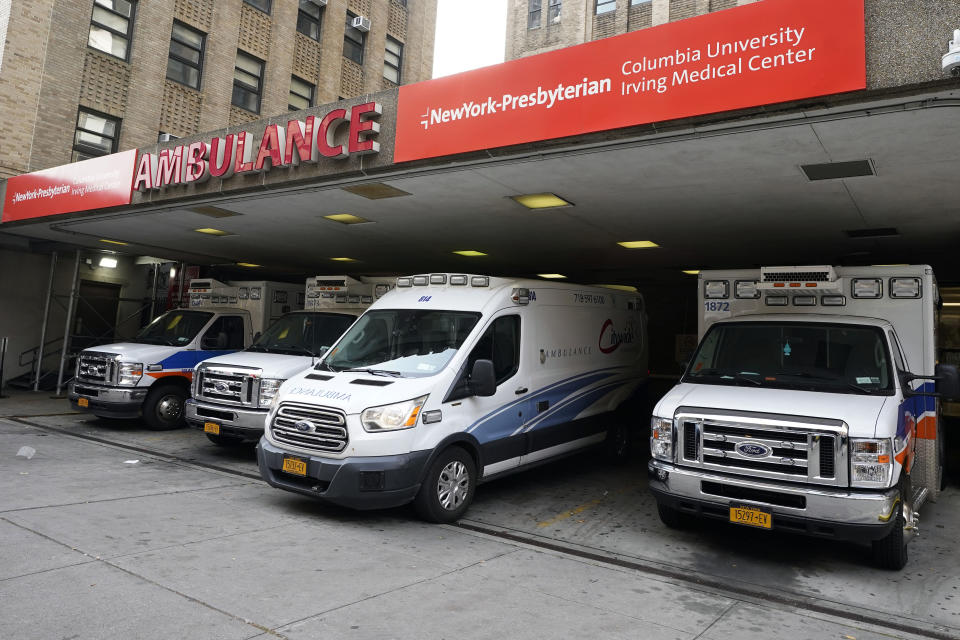 FILE- Ambulances fill the bay at New York-Presbyterian Hospital, in New York, on Nov. 17, 2021. Thousands of nurses in New York City notified eight hospitals, including New York-Presbyterian, on Friday, Dec. 30, 2022, that they will go on strike in 10 days unless contract agreements are reached. (AP Photo/Richard Drew, File)