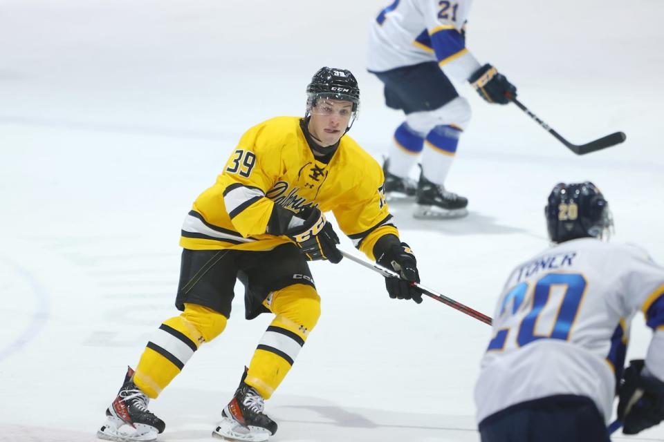 Dalhousie Tigers forward Alec Bélanger, shown in the yellow jersey, had the fifth-most goals in Atlantic University Sport's 2023-24 regular season. He was named the conference's rookie of the year.