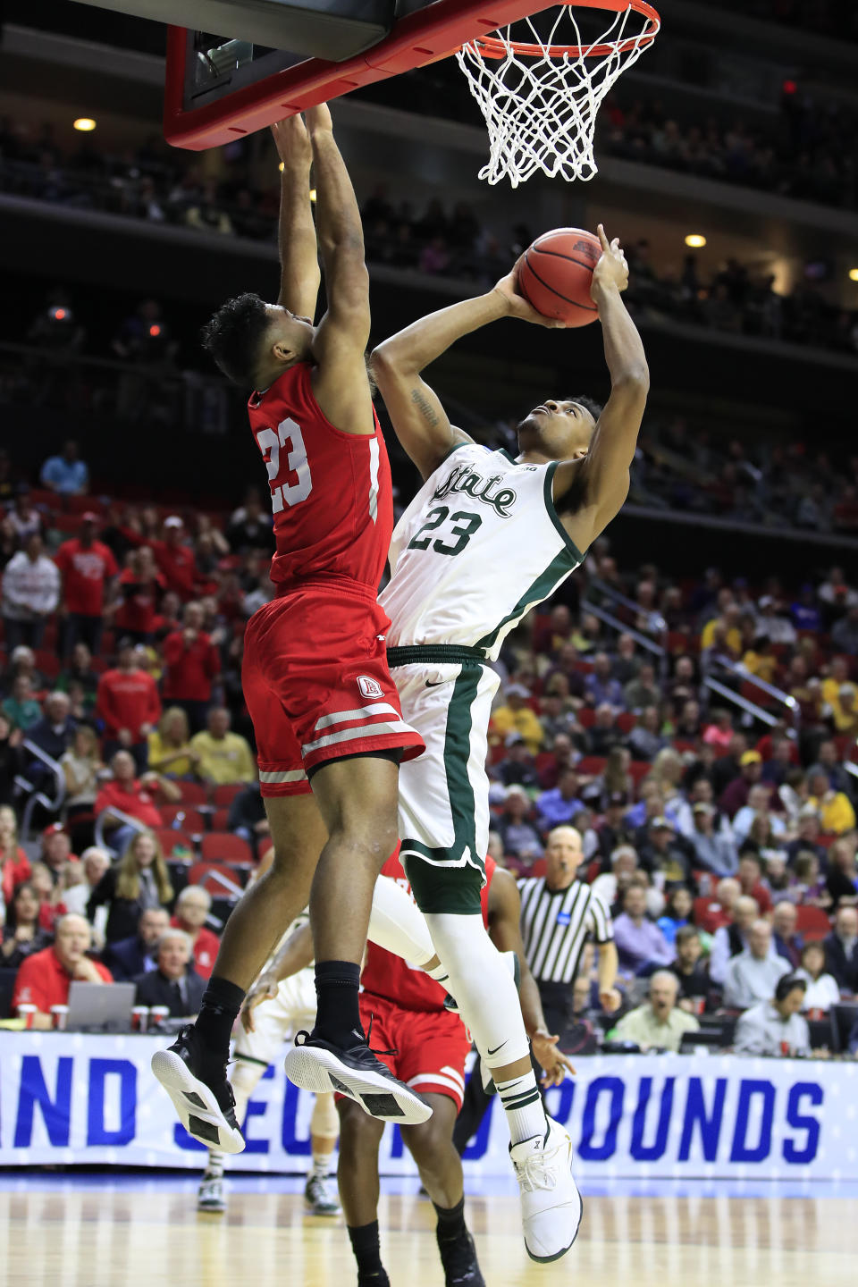 <p>Xavier Tillman #23 of the Michigan State Spartans goes up for a shot against the Bradley Braves during their game in the First Round of the NCAA Basketball Tournament at Wells Fargo Arena on March 21, 2019 in Des Moines, Iowa. (Photo by Andy Lyons/Getty Images) </p>