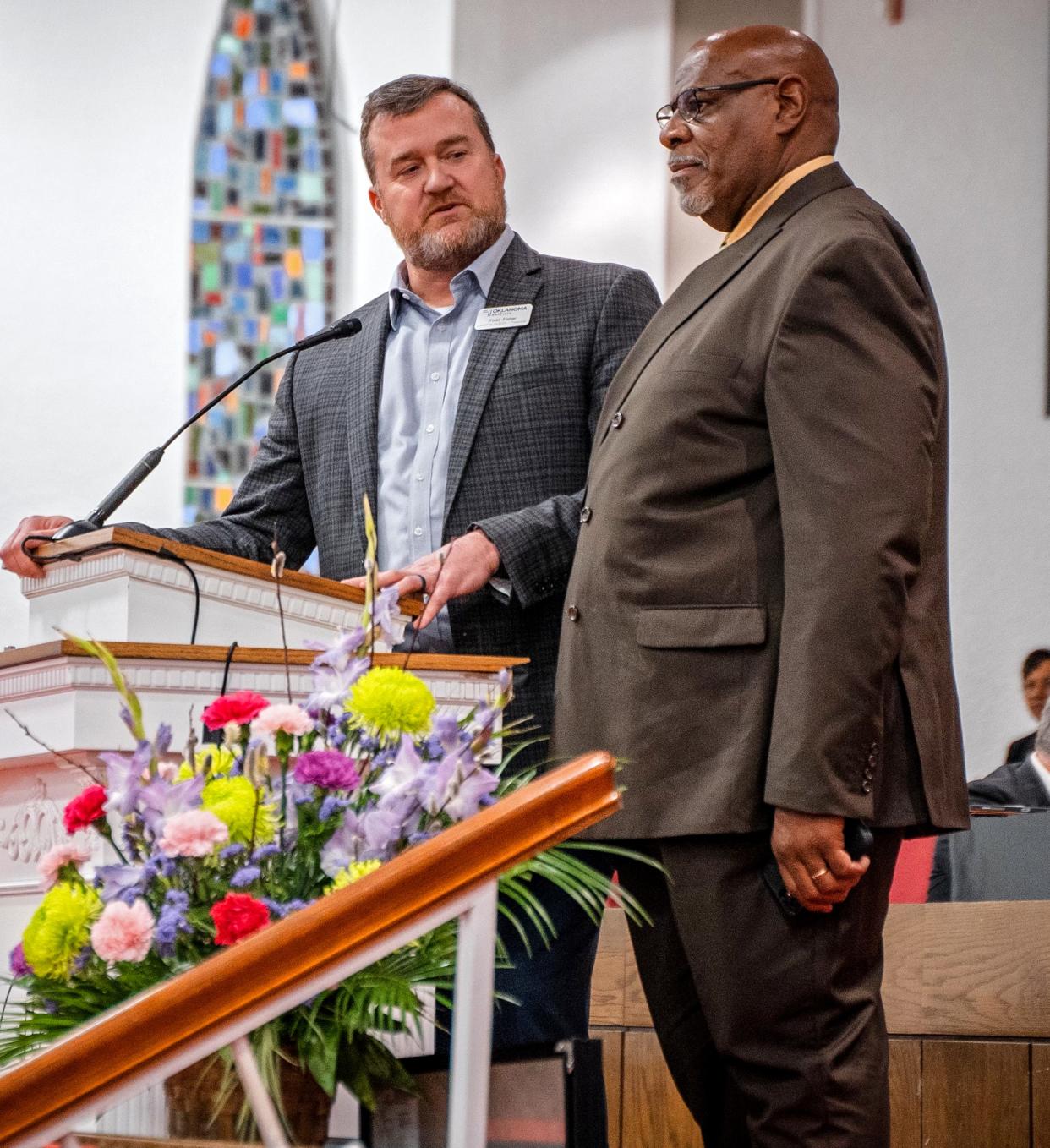 The Rev. Todd Fisher, Oklahoma Baptists' executive director-treasurer, listens as the Rev. Walter Wilson speaks at the 2024 Advance Conference at St. John Missionary Baptist Church in Oklahoma City.