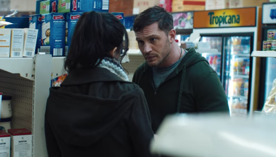 Tom Hardy and Jenny Slate as Eddie Brock and Dr. Dora Skirth in Venom