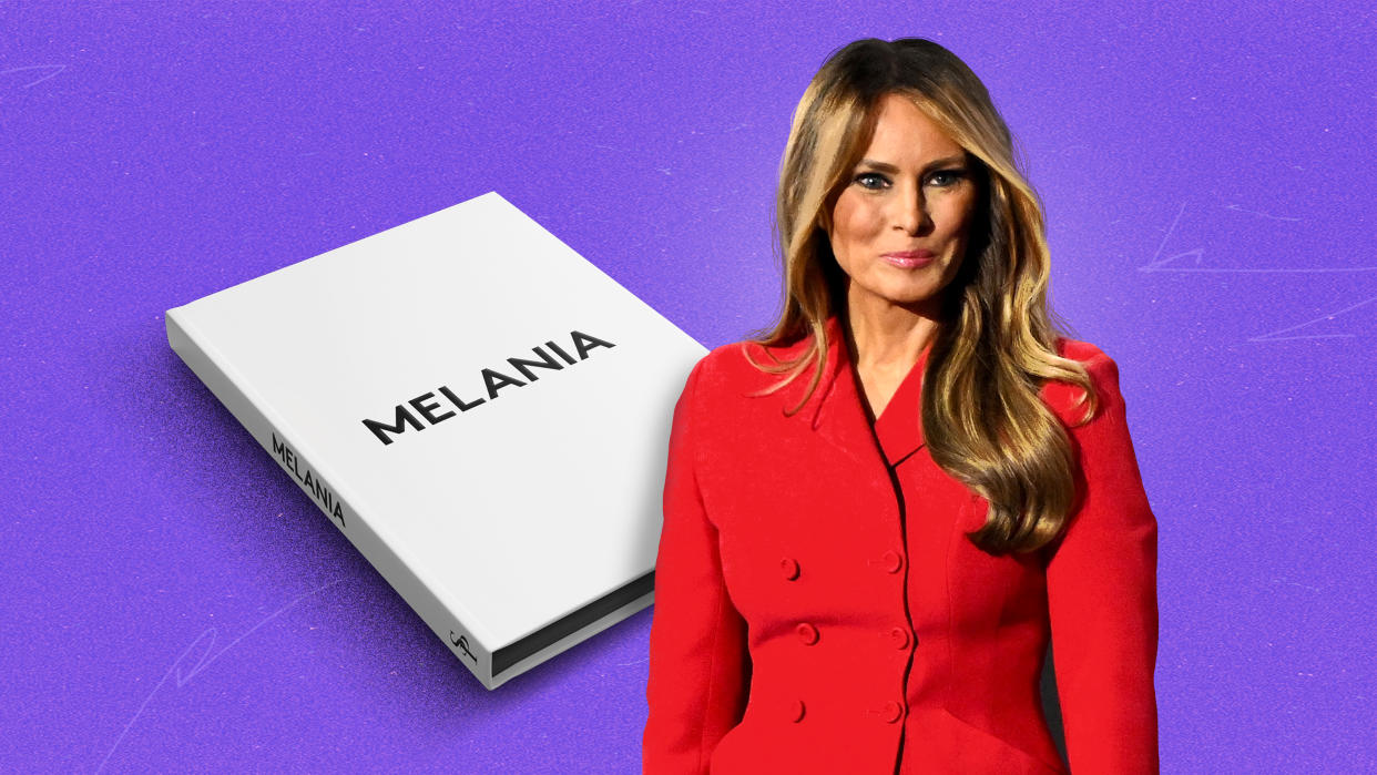 A photo illustration of a book titled Melania and a photo of Melania Trump in a red suit.