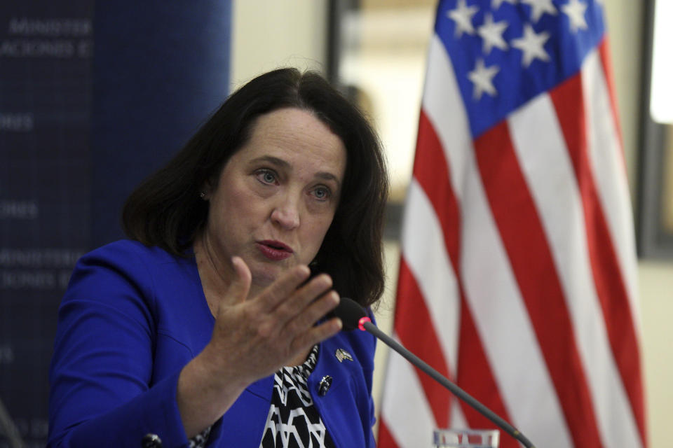 FILE - U.S. Ambassador to El Salvador Jean Elizabeth Manes, talks with the media in San Salvador, El Salvador, Jan. 8, 2018. Manes announced Monday, Nov. 22, 2021, that she is leaving the post, adding that the government of President Nayib Bukele “is showing no interest” in improving the bilateral relationship. (AP Photo/Salvador Melendez, File)