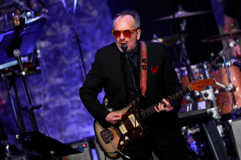 English singer and songwriter Elvis Costello performs on stage during the Recording Academy and Clive Davis pre-Grammy gala at the Beverly Hilton hotel in Beverly Hills, California on February 4, 2023. (Photo by Michael TRAN / AFP) (Photo by MICHAEL TRAN/AFP via Getty Images)