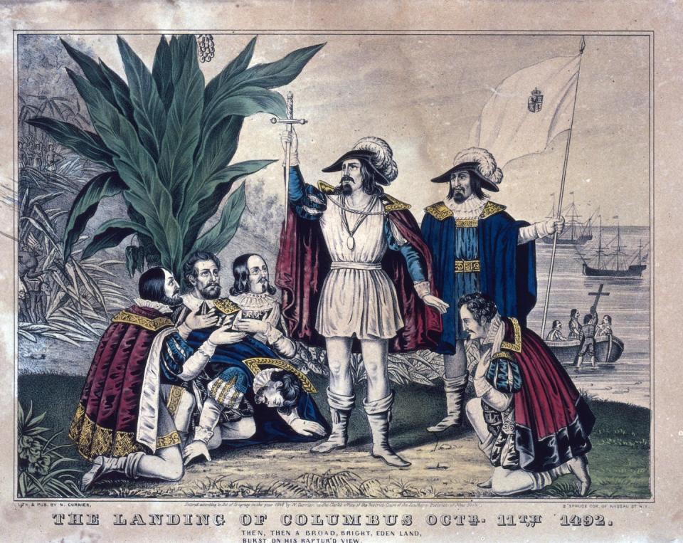 Christopher Columbus landing in America. Original Artwork: Engraving by Nathaniel Currier. <a href="https://www.gettyimages.com/detail/news-photo/11th-october-1492-italian-spanish-explorer-christopher-news-photo/51246251?adppopup=true" rel="nofollow noopener" target="_blank" data-ylk="slk:MPI/Getty Images;elm:context_link;itc:0;sec:content-canvas" class="link ">MPI/Getty Images</a>