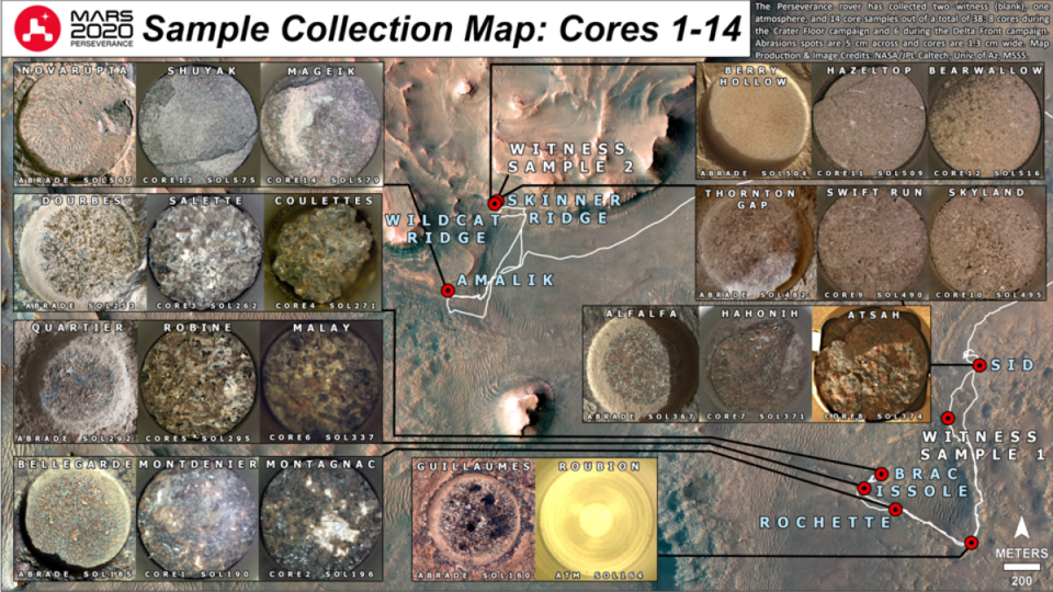 This image shows the 14 samples of rock and soil collected by the Mars Perseverance Rover so far, along with the locations they were acquired within Jezero Crater on the Red Planet (Nasa/ESA)