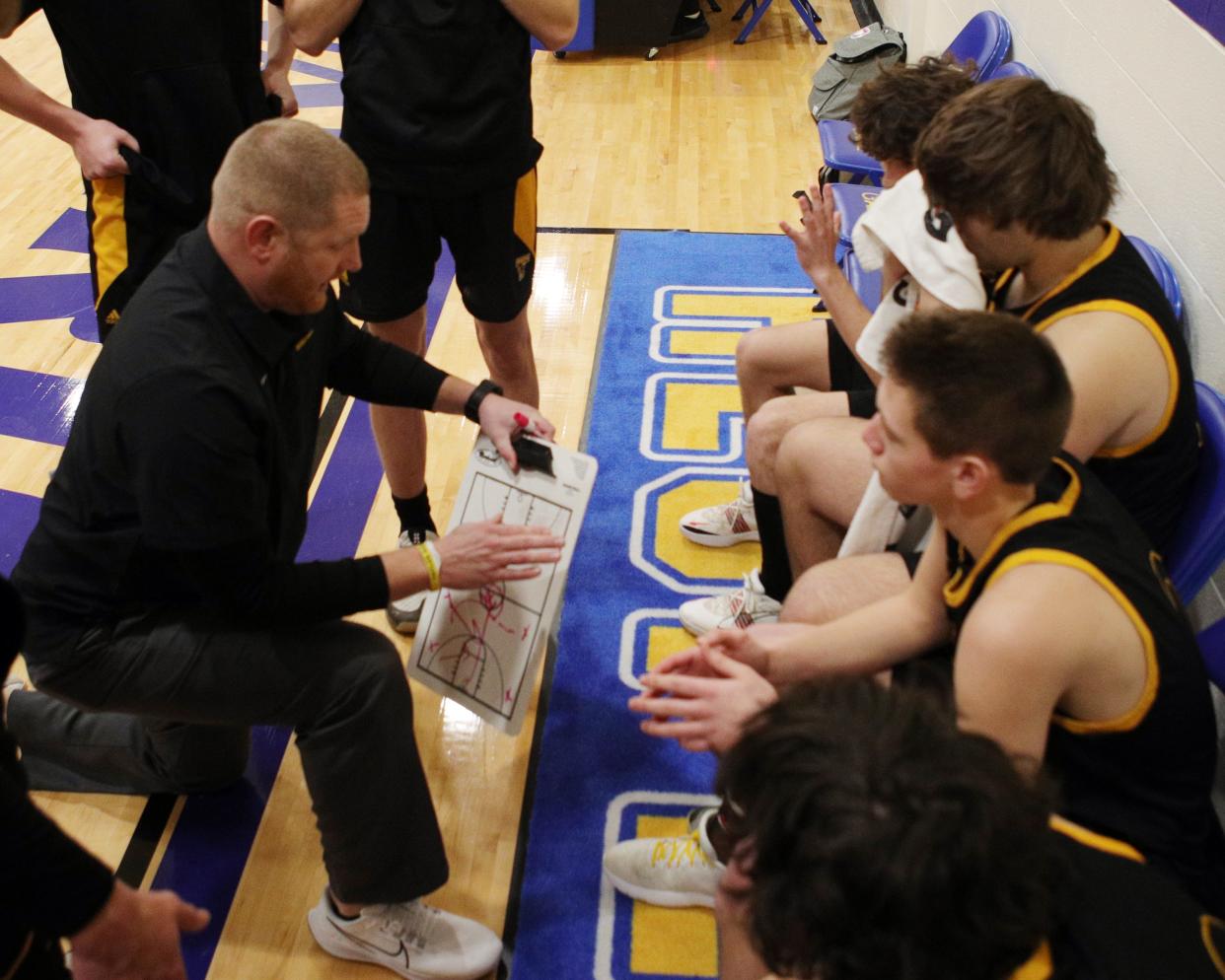 Taylor head coach James Holland reacts with his team before the game between Taylor and Mariemont high school Jan. 14, 2022.