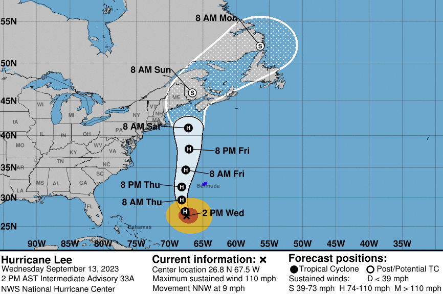 Hurricane Lee’s ‘cone of uncertainty’ (NOAA)