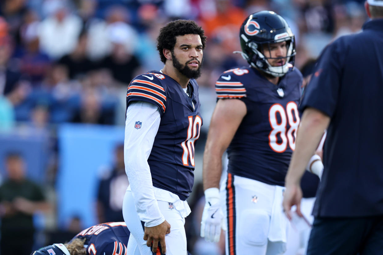 New Chicago Bears quarterback Caleb Williams on the field ahead of an NFL preseason game between the Chicago Bears and Houston Texans.