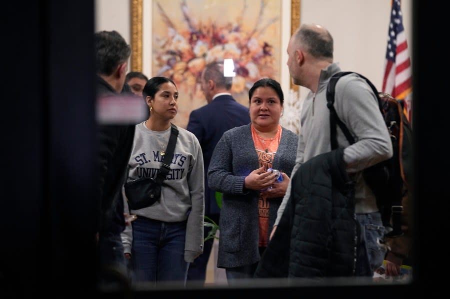 Family members and others affected by the Robb Elementary shooting leave a meeting where Attorney General Merrick Garland shared a report on the findings of an investigation into the 2022 school shooting, Wednesday, Jan. 17, 2024, in Uvalde, Texas. (AP Photo/Eric Gay)