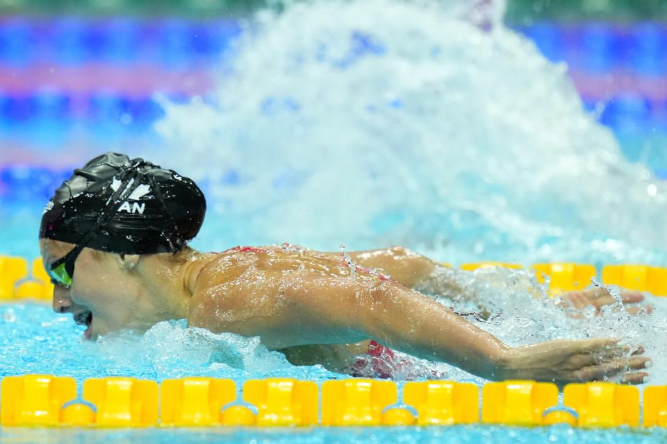 CORRECTS SPELLING OF LAST NAME - Summer McIntosh of Canada competes to win the women's 200m Butterfly final at the 19th FINA World Championships in Budapest, Hungary, Wednesday, June 22, 2022. (AP Photo/Petr David Josek)