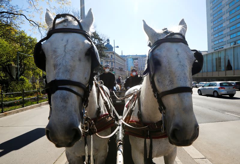 A Fiaker horse carriage waits for food packages in Vienna