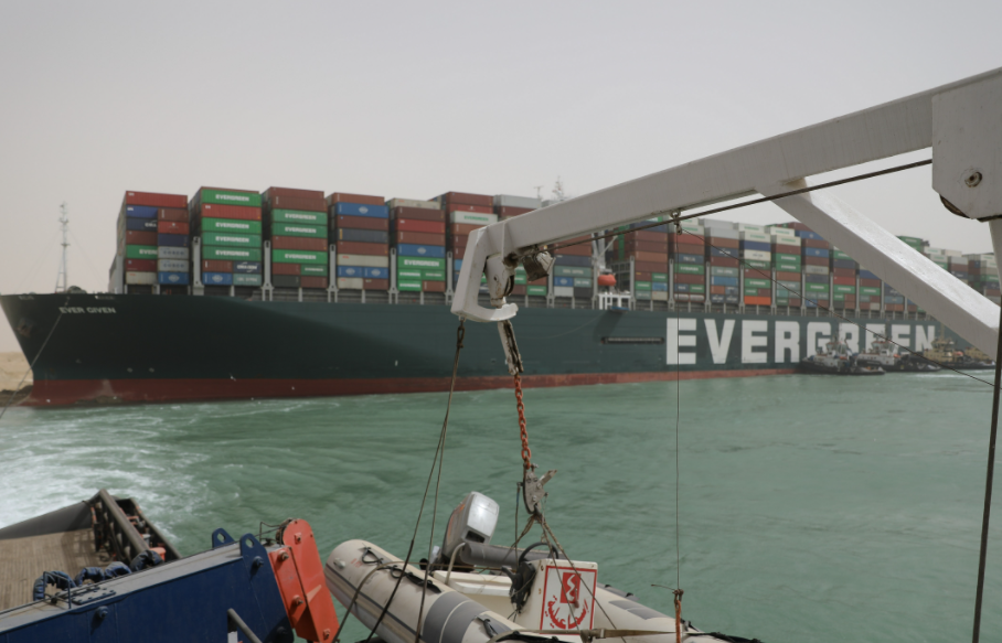 Ever Given, the 400 metres long and 59 metres wide ship, above, is stuck in the Suez Canal. It is chartered by Evergreen Marine, a Taiwan-based shipping company. Photo: Suez Canal Authority