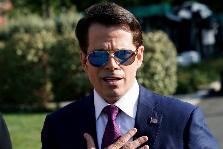 Scaramucci speaks to reporters outside the White House on Wednesday. (Joshua Roberts/Reuters)