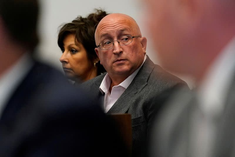 FILE PHOTO: Robert E. Crimo III's mother Denise Pesina and father Robert Crimo Jr. attend a hearing for their son in Lake County court, in Waukegan