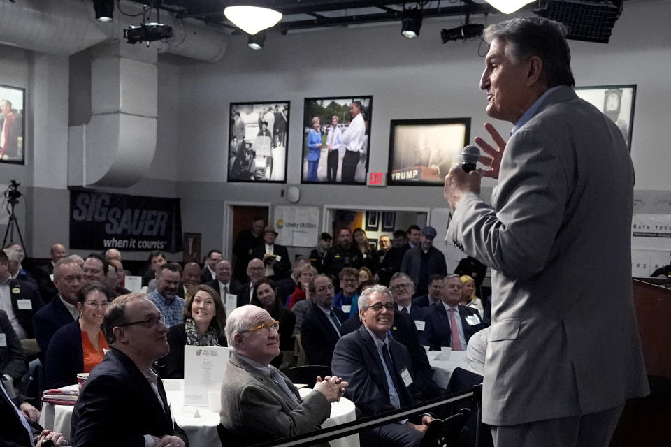 Sen. Joe Manchin, D-W.Va., speaks during the Politics and Eggs event, as part of his national listening tour, Friday, Jan. 12, 2024, in Manchester, N.H. Manchin announced last November that he would not seek reelection in 2024 and has teased a potential third-party run for the presidency. (AP Photo/Charles Krupa)